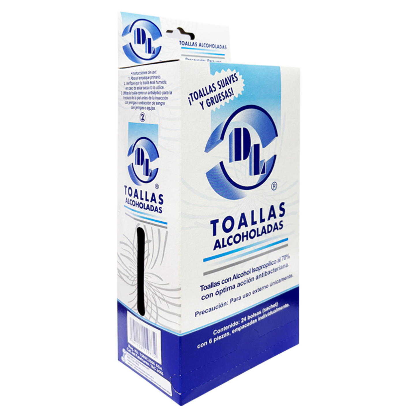 Toallas alcoholadas DL. Dispensador con 24 bolsas, 6 piezas cada bolsita