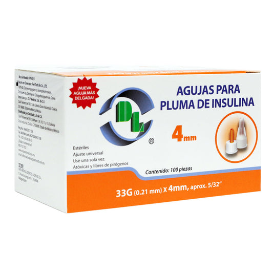 Agujas para pluma de insulina 33G X 4mm caja 100 piezas