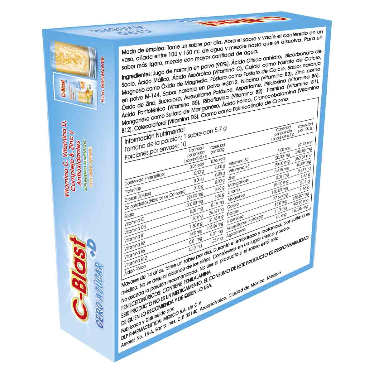 C-Blast+D Cero Azúcar sabor naranja, vitamina C, vitamina D, complejo B, zinc y antioxidantes polvo efervescente. Caja con 10 sobres