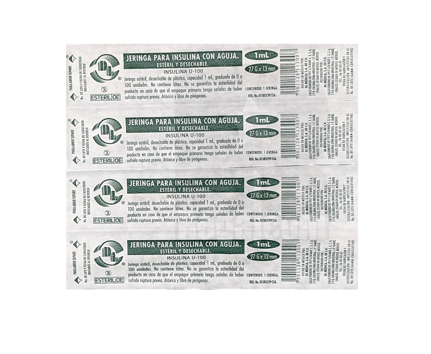 Jeringas para Insulina DL 1 ML 27GX13mm Caja con 200 piezas