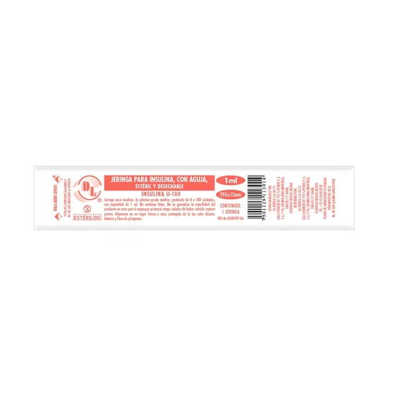 Jeringas hipodérmicas para insulina DL 1ml 29Gx13mm. Caja con 200 piezas