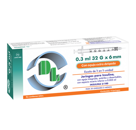 Jeringa para Insulina DL 0.3 ml 32G x 6 mm caja con 10 piezas