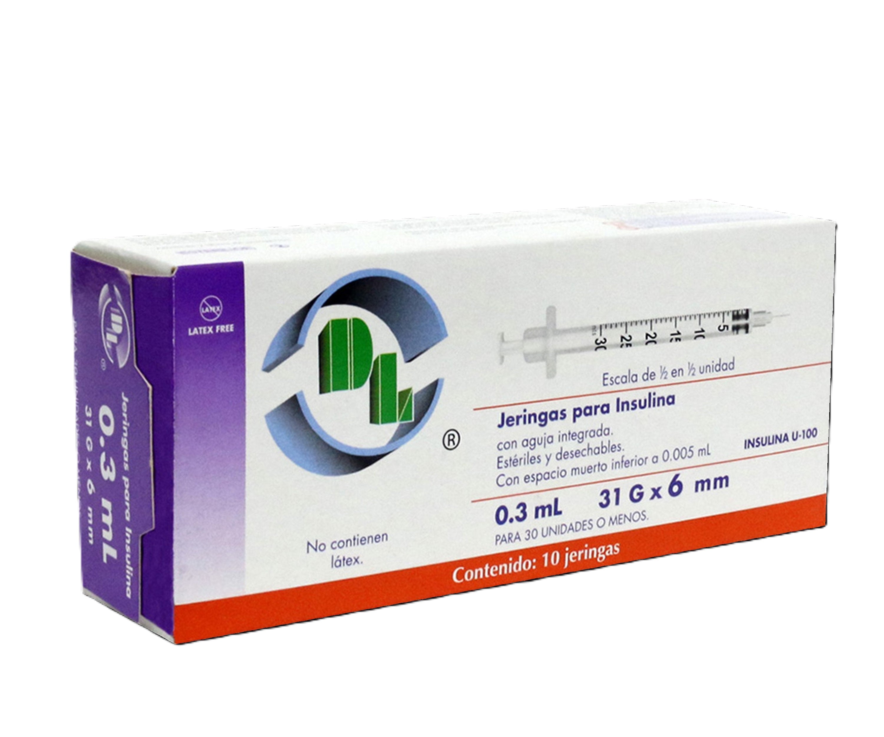 Jeringa para Insulina DL 0.3 ml 31G x 6 mm caja con 10 piezas