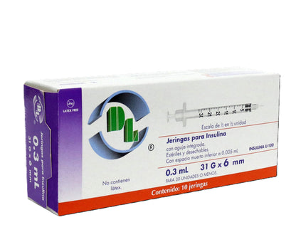 Jeringas hipodérmicas para insulina DL 0.3ml 31Gx6mm. Caja con 10 piezas