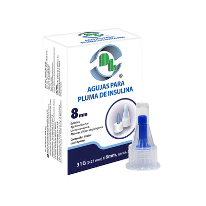 3x1 Agujas para pluma de insulina DL 31Gx8mm. 3 Cajas con 10 piezas cada una.