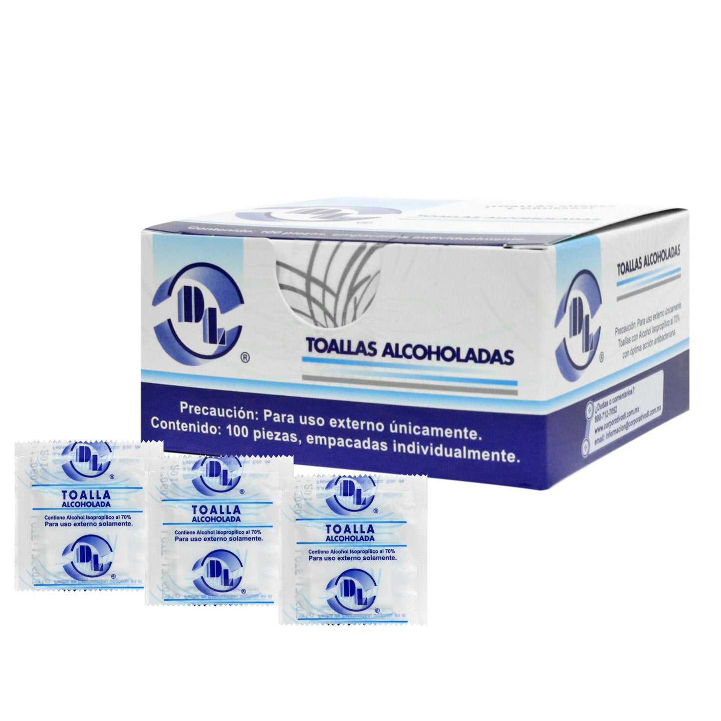 Toallas alcoholadas DL suaves y resistentes con alcohol isopropílico al 70%. Caja con 100 sobres