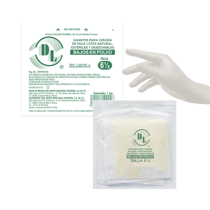 Guantes Para Cirugía de Hule Latéx natural Estériles y Desechables Bajos en Polvo tallas: 6.5, 7.0, 7.5, 8.0, 8.5. caja con 100 pares
