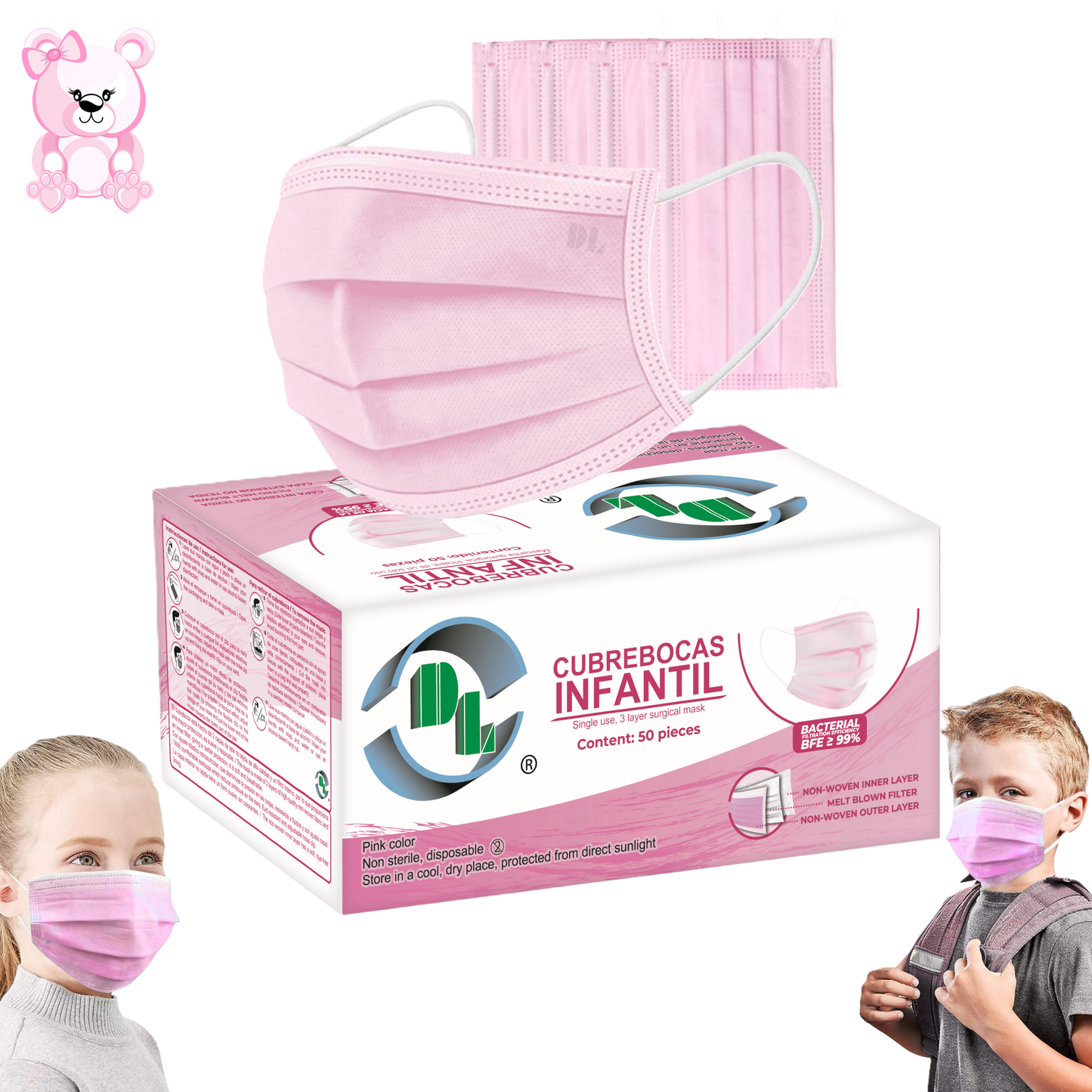 Cubrebocas tricapa infantil desechable. Caja con 50 piezas