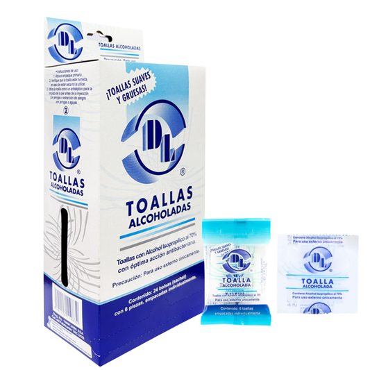 Toallas alcoholadas DL. Dispensador con 24 bolsas, 6 piezas cada bolsita