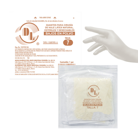 Guantes Para Cirugía de Hule Latéx natural Estériles y Desechables Bajos en Polvo tallas: 6.5, 7.0, 7.5, 8.0, 8.5. caja con 100 pares
