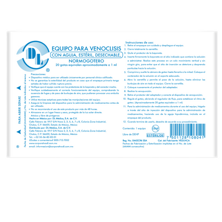 Equipo para venoclisis Normogotero con Aguja, estéril y desechable.