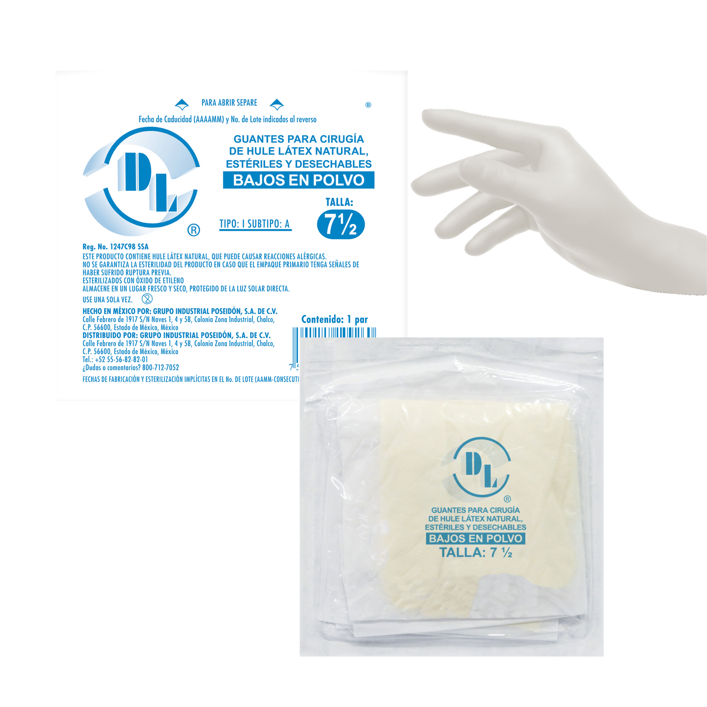 Guantes Para Cirugía de Hule Latéx natural Estériles y Desechables Bajos en Polvo tallas: 6.5, 7.0, 7.5, 8.0, 8.5. caja con 100 pares