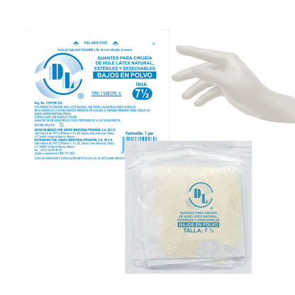 Guantes Para Cirugía de Hule Latéx natural Estériles y Desechables Bajos en Polvo tallas: 6.5, 7.0, 7.5, 8.0, 8.5. caja con 100 pares