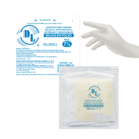 Guantes Para Cirugía de Hule Latéx natural Estériles y Desechables Bajos en Polvo tallas: 6.5, 7.0, 7.5, 8.0, 8.5. caja con 100 pares