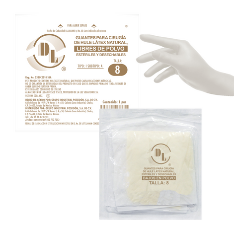 Guantes Para Cirugía de Hule Latéx natural Estériles y Desechables Bajos en Polvo tallas: 6.5, 7.0, 7.5, 8.0, 8.5. caja con 100 pares