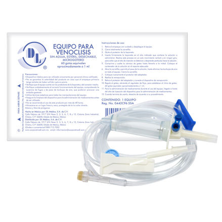 Equipo para venoclisis Microgotero Sin Aguja, estéril y desechable.