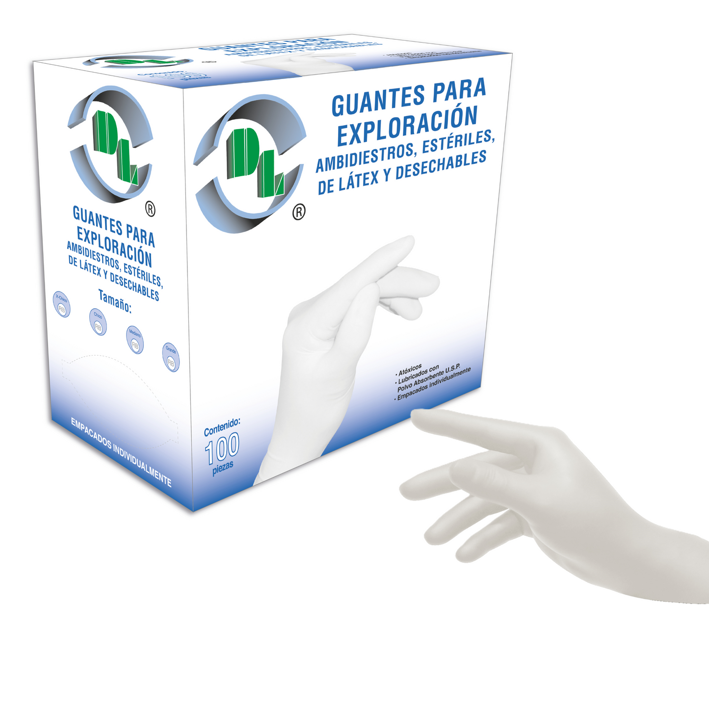 Guantes para exploración DL ambidiestros, estériles, de látex y desechables. Caja con 100 piezas.