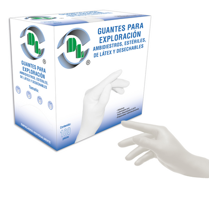 Guantes para exploración DL ambidiestros, estériles, de látex y desechables. Caja con 100 piezas.