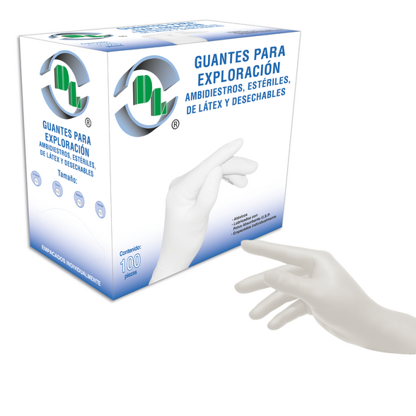 Guantes Para Exploración ambidiestros, estériles, de látex y desechables, caja con 100 piezas.