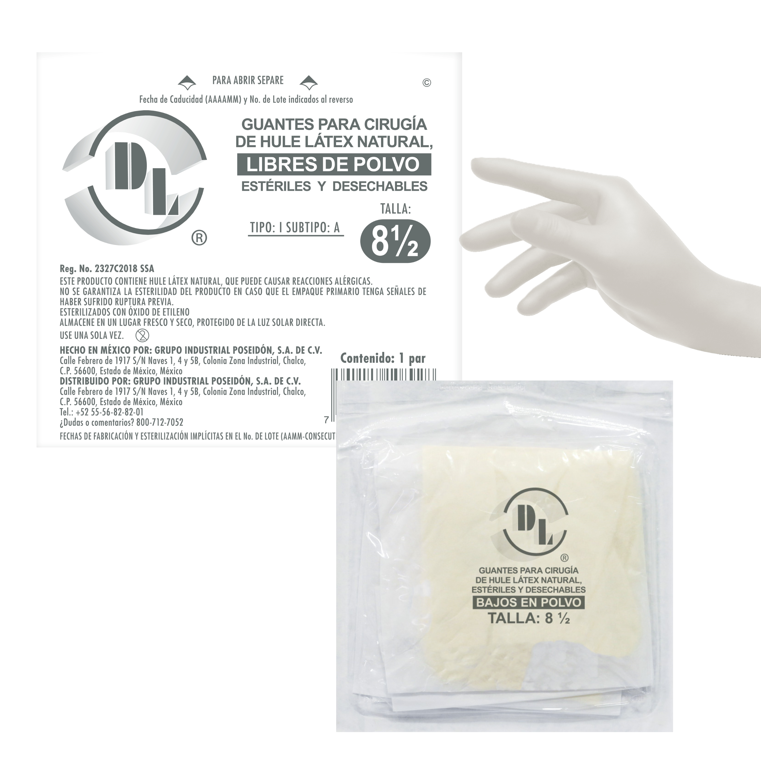 Guantes Para Cirugía de Hule Latéx natural Estériles y Desechables Bajos en Polvo tallas: 6.5, 7.0, 7.5, 8.0, 8.5. caja con 100 pares