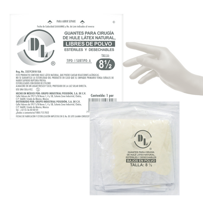 Guantes Para Cirugía de Hule Latéx natural Estériles y Desechables Bajos en Polvo tallas: 6.5, 7.0, 7.5, 8.0, 8.5. caja con 100 pares