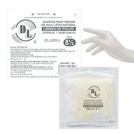 Guantes Para Cirugía de Hule Latéx natural Estériles y Desechables Bajos en Polvo tallas: 6.5, 7.0, 7.5, 8.0, 8.5. caja con 100 pares
