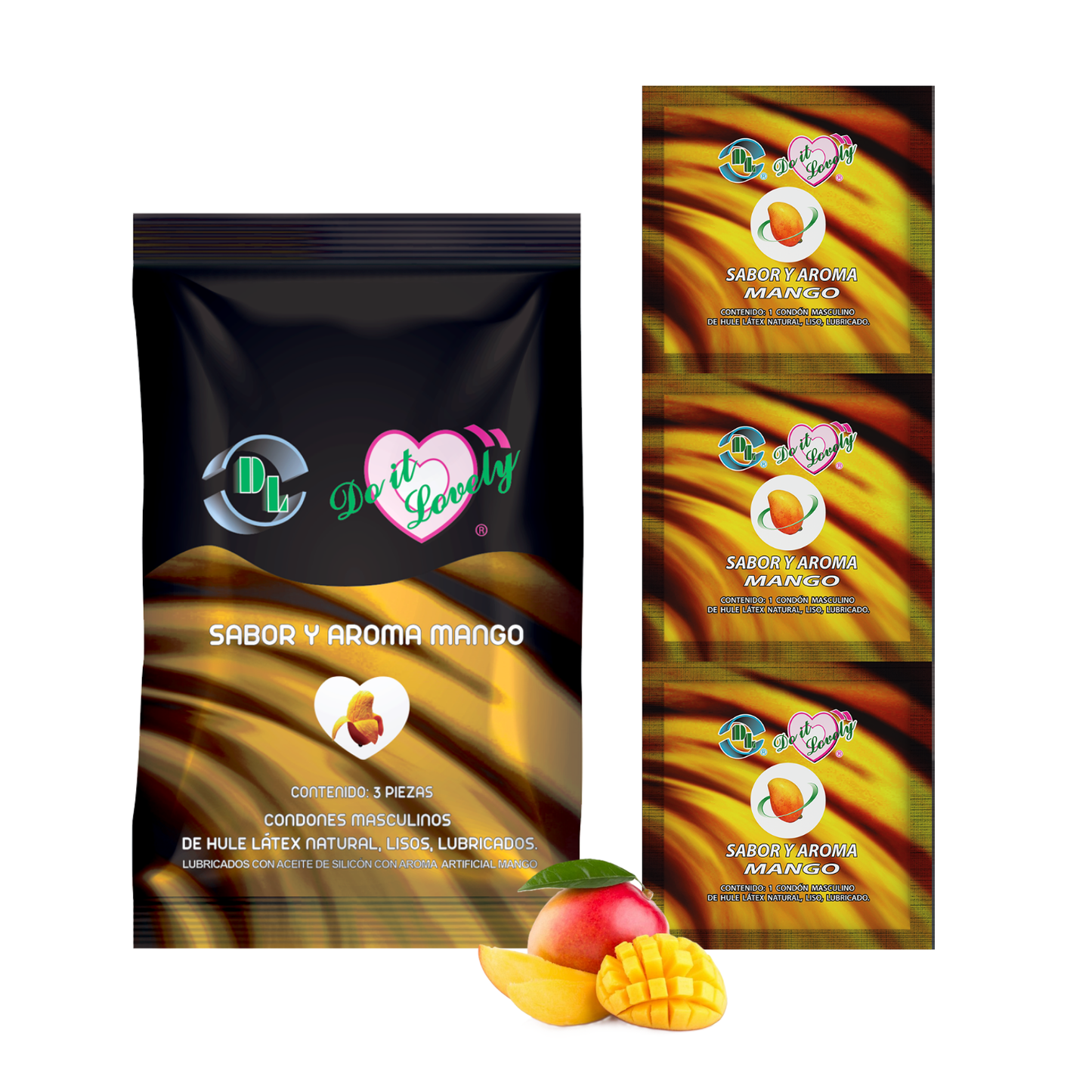 Condón masculino con sabor y aroma Do It Lovely. Caja con 12 bolsas con 3pzs cada uno