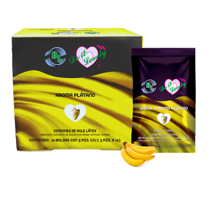 Condón masculino con sabor y aroma Do It Lovely. Caja con 12 bolsas con 3pzs cada uno