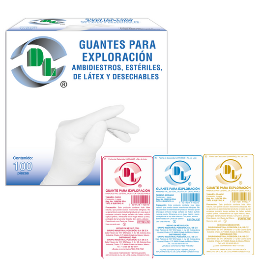 Guantes Para Exploración ambidiestros, estériles, de látex y desechables, caja con 100 piezas.