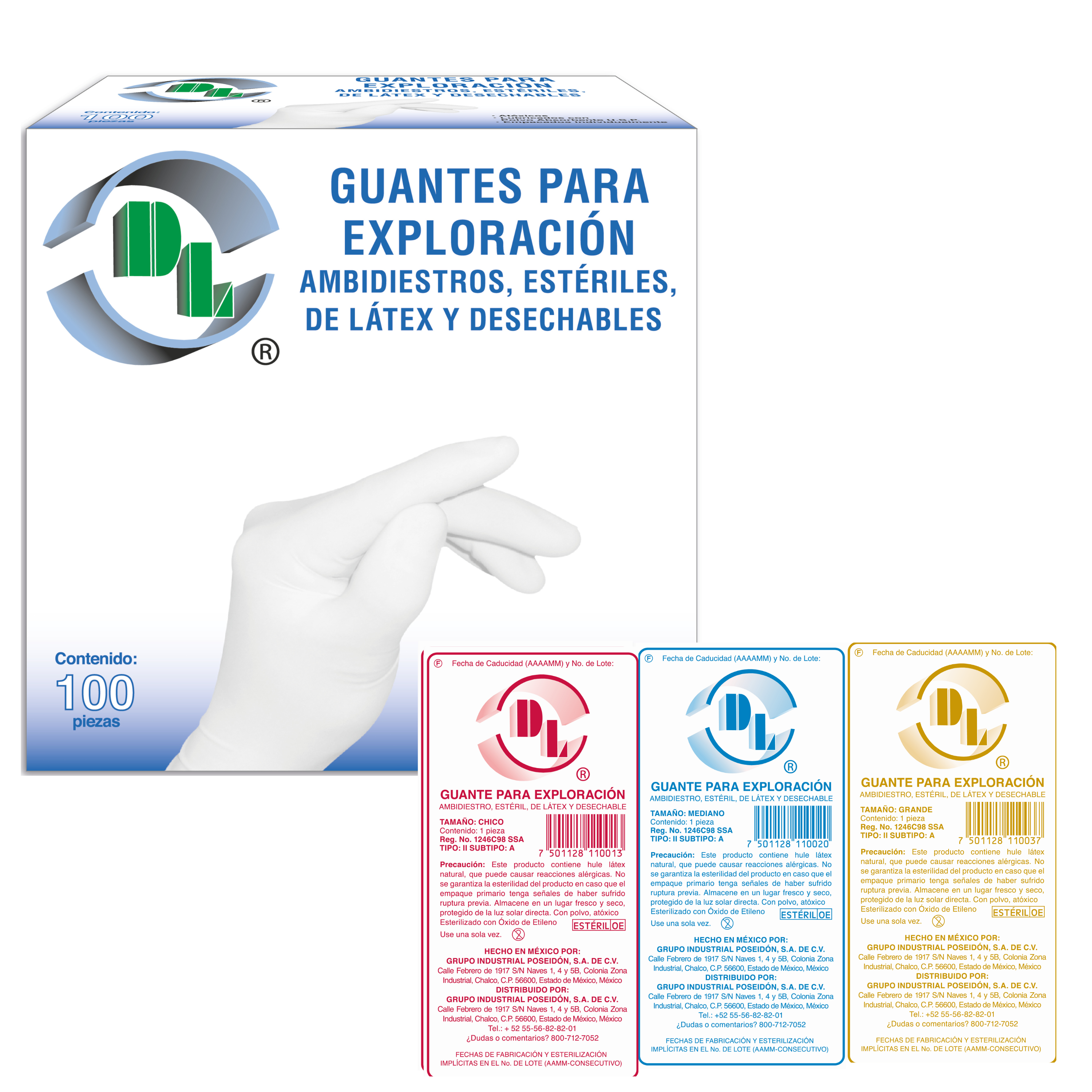 Guantes Para Exploración ambidiestros, estériles, de látex y desechables, caja con 100 piezas.