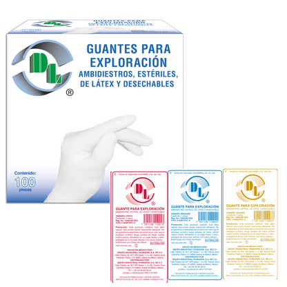 Guantes para exploración DL ambidiestros, estériles, de látex y desechables. Caja con 100 piezas.