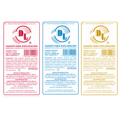 Guantes para exploración DL ambidiestros, estériles, de látex y desechables. Caja con 100 piezas.