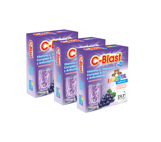 Kit 3 Cajas de C-Blast+D, Vitamina C, Vitamina D, Complejo B, Zinc y Antioxidantes Polvo Efervescente (caja con 10 sobres) (UVA INFANTIL)