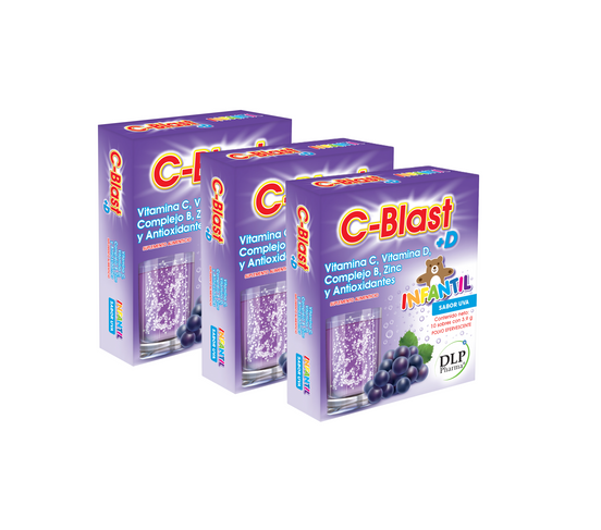 Kit 3 Cajas de C-Blast+D, Vitamina C, Vitamina D, Complejo B, Zinc y Antioxidantes Polvo Efervescente (caja con 10 sobres) (UVA INFANTIL)