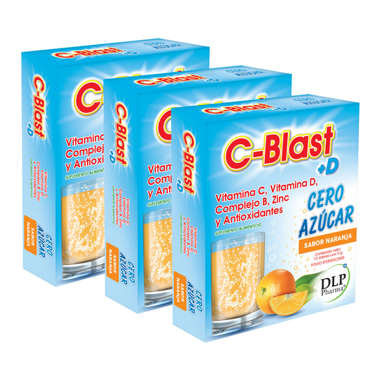 Kit 3 Cajas de C-Blast+D, Vitamina C, Vitamina D, Complejo B, Zinc y Antioxidantes Polvo Efervescente (caja con 10 sobres) (CEROAZUCAR NARANJA)