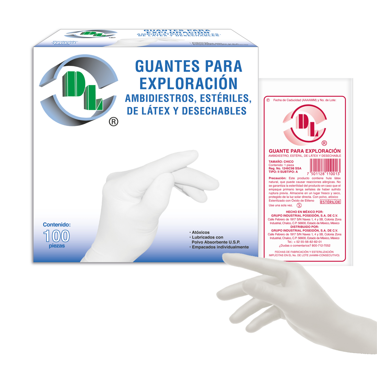 Guantes para exploración DL ambidiestros, estériles, de látex y desechables. Caja con 100 piezas.