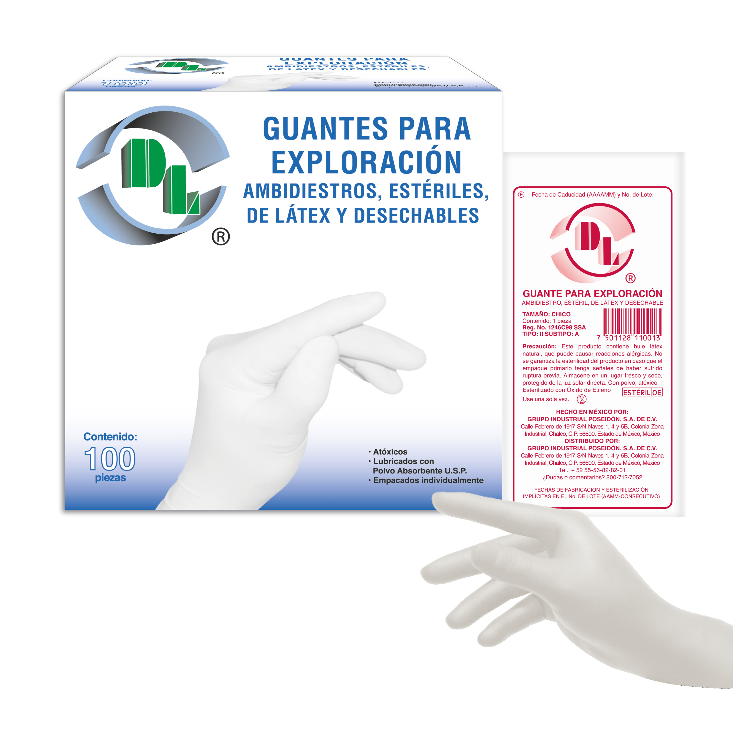Guantes Para Exploración ambidiestros, estériles, de látex y desechables, caja con 100 piezas.