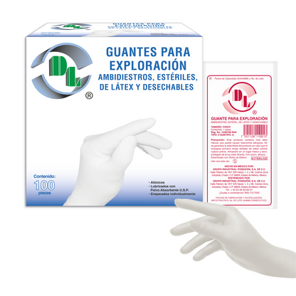Guantes para exploración DL ambidiestros, estériles, de látex y desechables. Caja con 100 piezas.