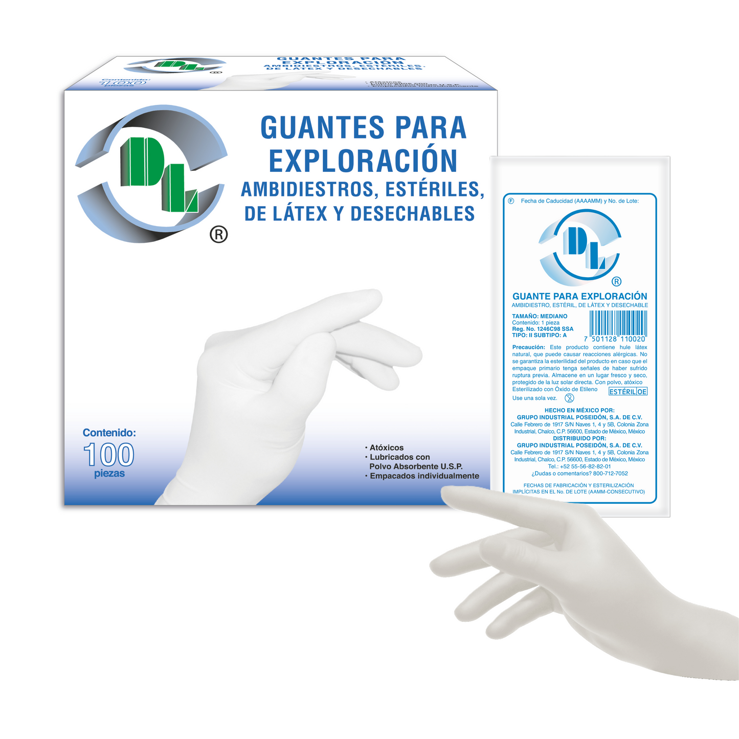 Guantes para exploración DL ambidiestros, estériles, de látex y desechables. Caja con 100 piezas.