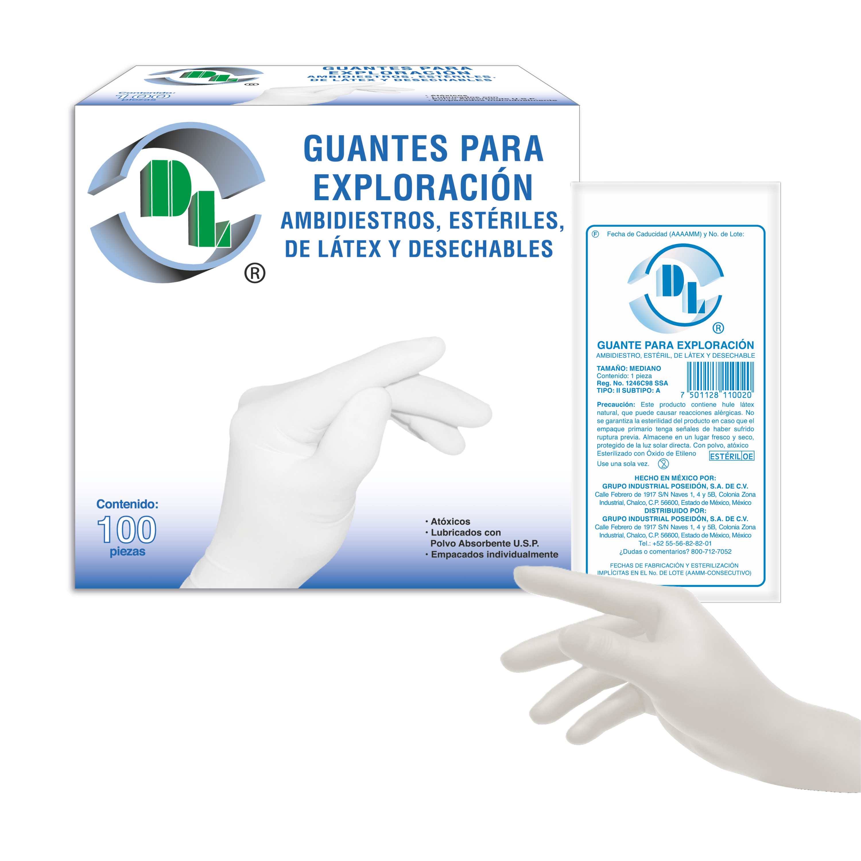 Guantes Para Exploración ambidiestros, estériles, de látex y desechables, caja con 100 piezas.