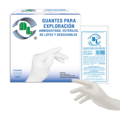 Guantes para exploración DL ambidiestros, estériles, de látex y desechables. Caja con 100 piezas.