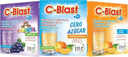C-Blast+D, Vitamina C, Vitamina D, Complejo B, Zinc y Antioxidantes Polvo Efervescente Kit 3 Cajas (caja con 10 sobres) (Kit familiar)