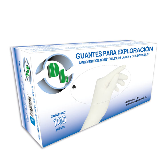 Guantes Para Exploración o Exámen No Estériles de látex Caja con 100 guantes.