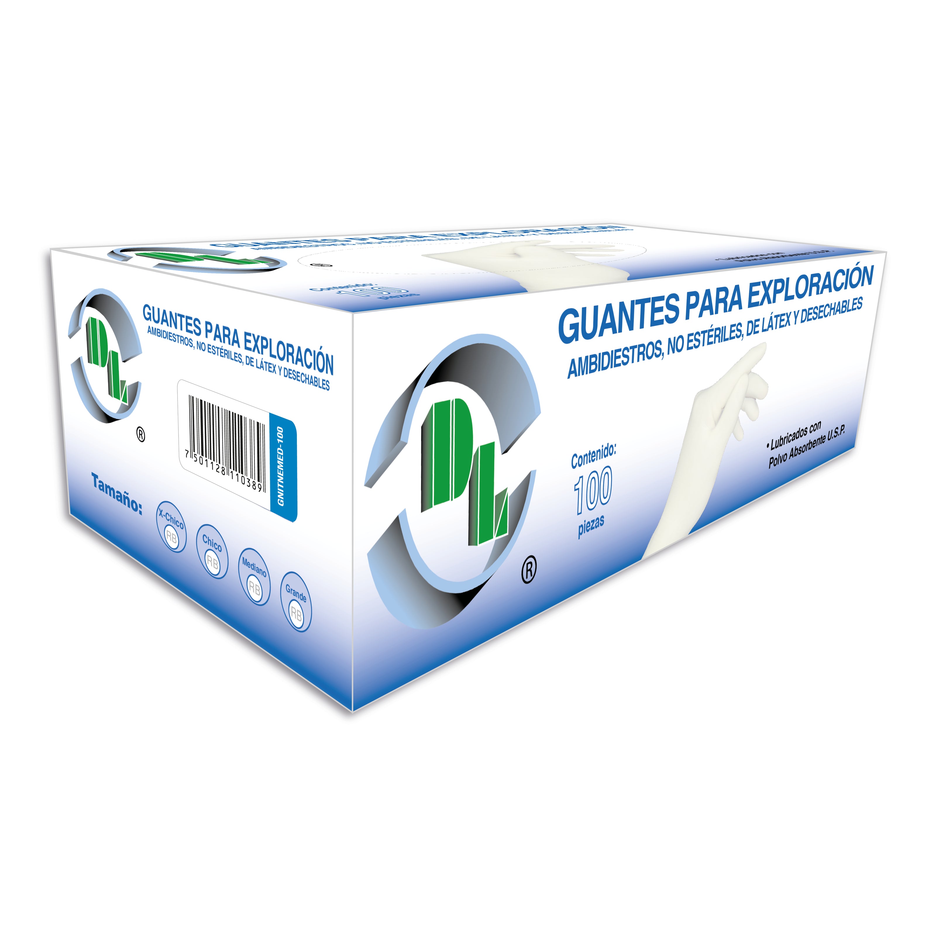 Guantes Para Exploración o Exámen No Estériles de látex Caja con 100 guantes.
