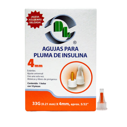 3x1 Agujas para pluma de insulina DL 33Gx4mm. 3 Cajas 10 piezas cada una.