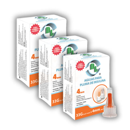 3x1 Agujas para pluma de insulina DL 33Gx4mm. 3 Cajas 10 piezas cada una.