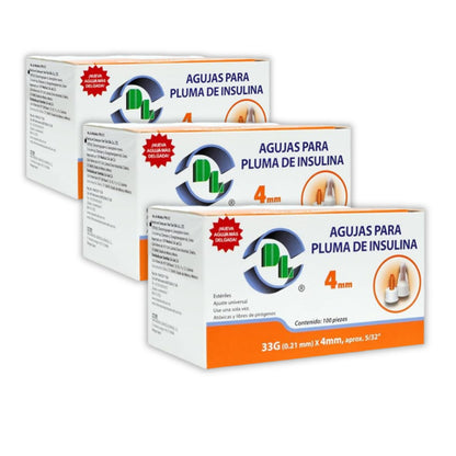 3x1 Agujas para pluma de insulina 33Gx4mm. 3 Cajas con 100 piezas cada una