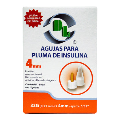 Agujas para pluma de insulina DL 33G X 4mm caja 10 piezas