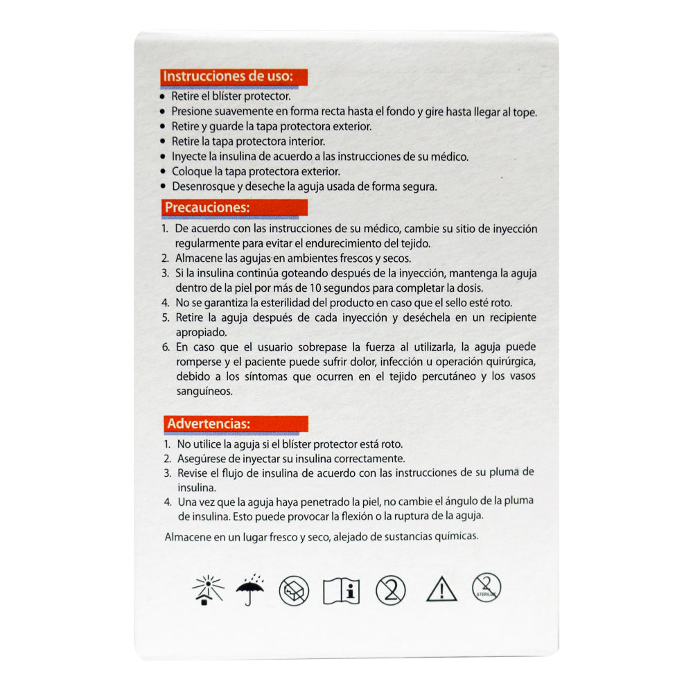 Agujas para pluma de insulina DL 33G X 4mm caja 10 piezas