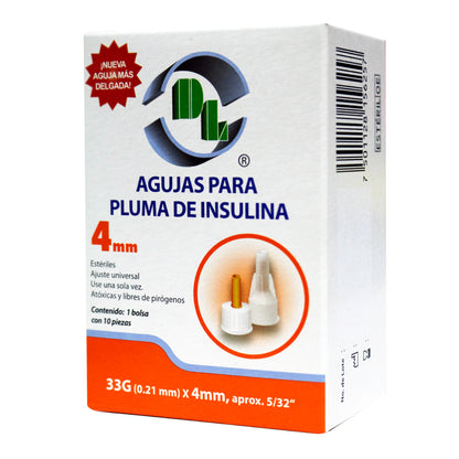 Agujas para pluma de insulina DL 33G X 4mm caja 10 piezas